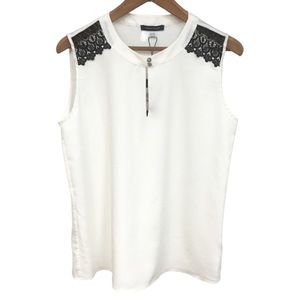 TOMMY HILFIGER sz Small Blouse Sleeveless Career Cream Dark Blue Lace Detail NWT